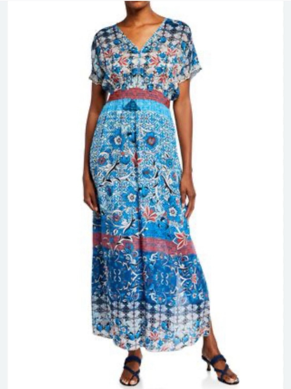 Johnny Was Blue Red Floral Printed Maxi Dress EUC MSRP $228